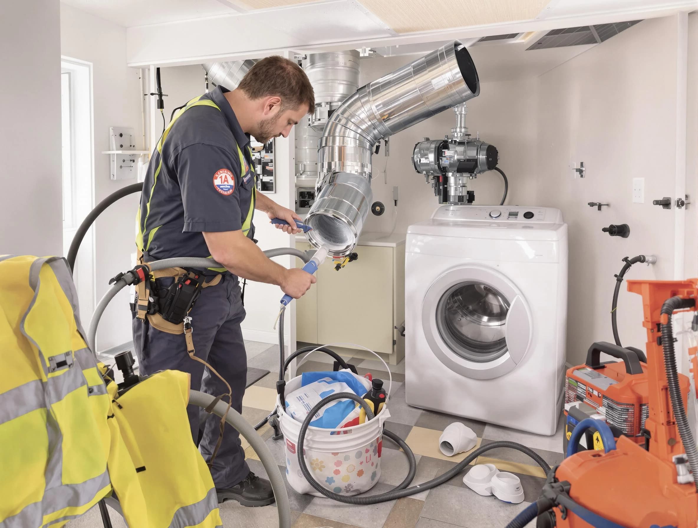 Center Dryer Vent Cleaning technician using specialized equipment to clear severe dryer vent blockage in Center