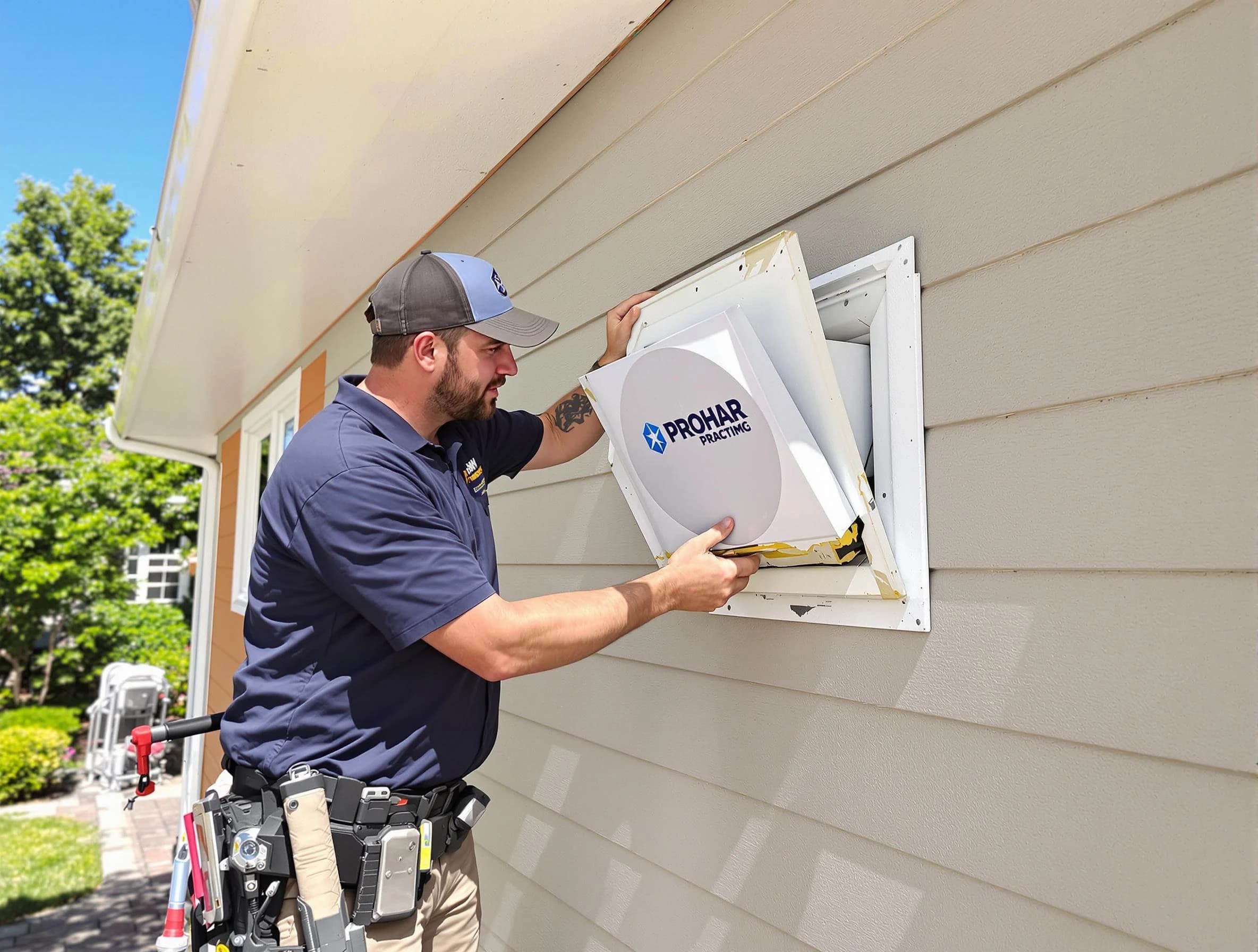 Center Dryer Vent Cleaning technician installing a new protective dryer vent cover on a home in Center