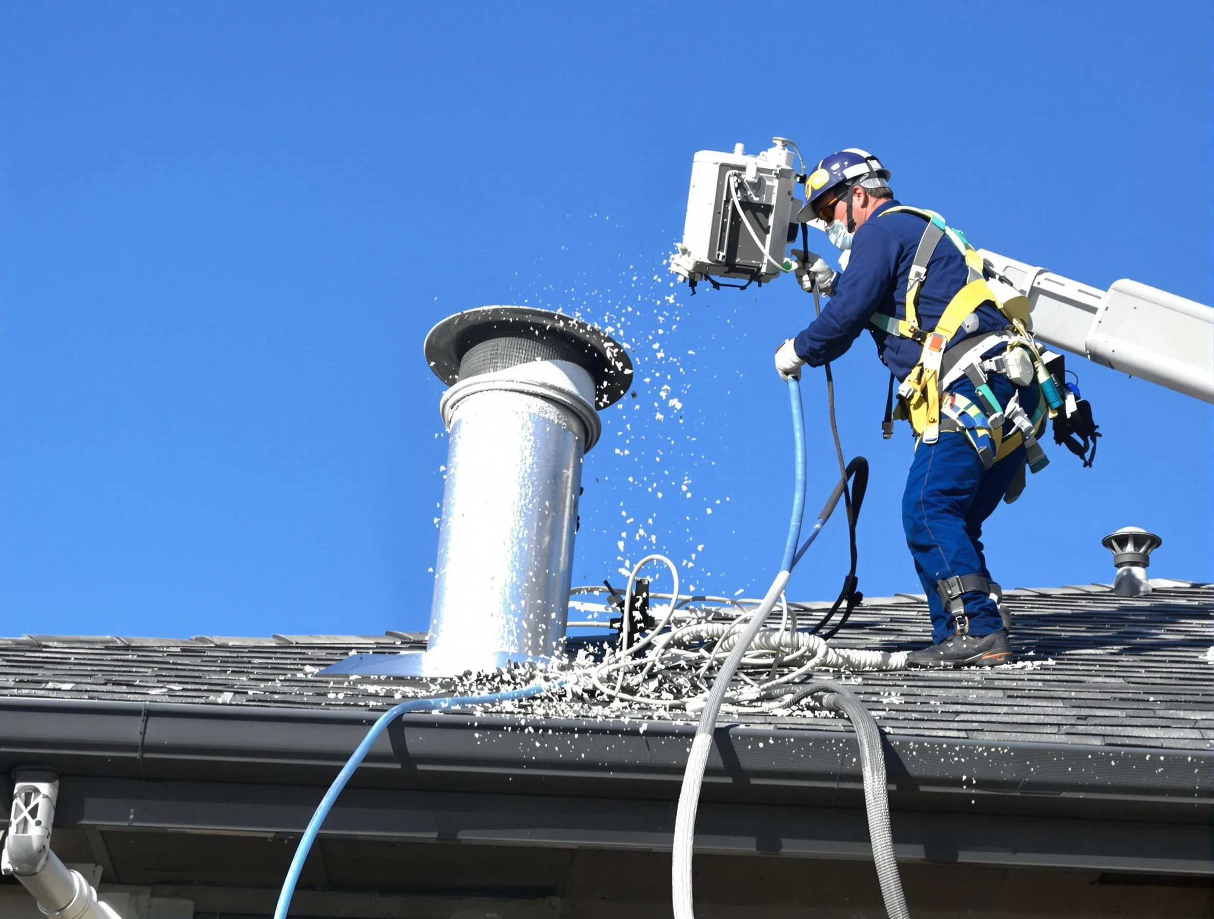 Center Dryer Vent Cleaning certified technician safely cleaning a roof-mounted dryer vent in Center