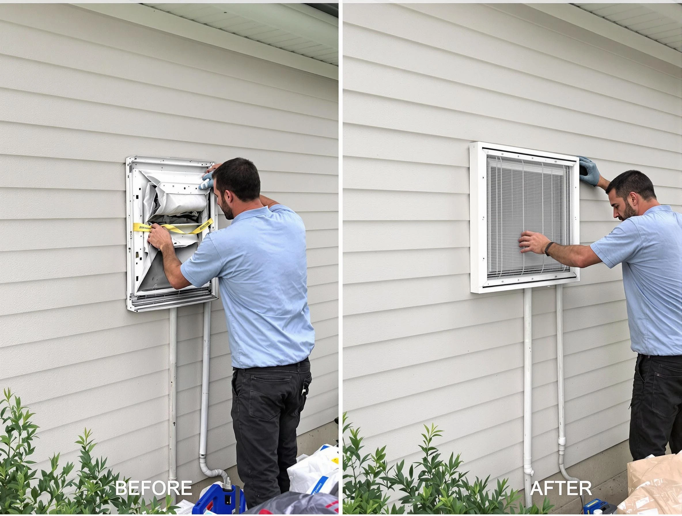 Center Dryer Vent Cleaning technician installing high-quality dryer vent cover at a residential property in Center