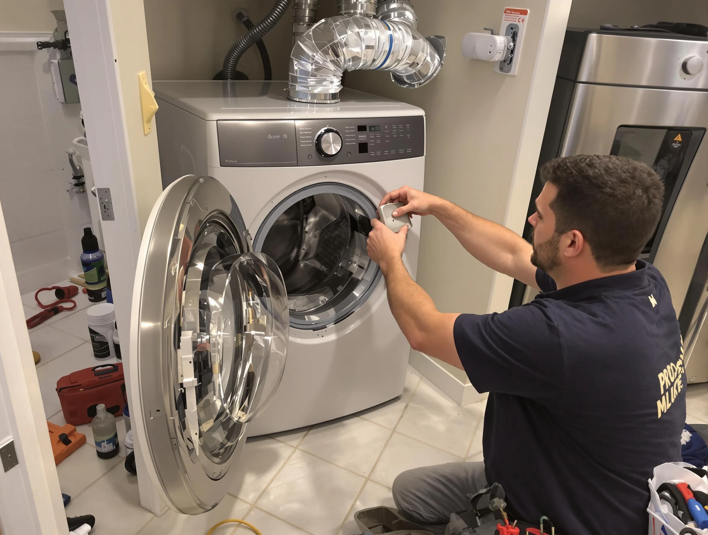 Center Dryer Vent Cleaning technician performing precise dryer vent hose installation in Center